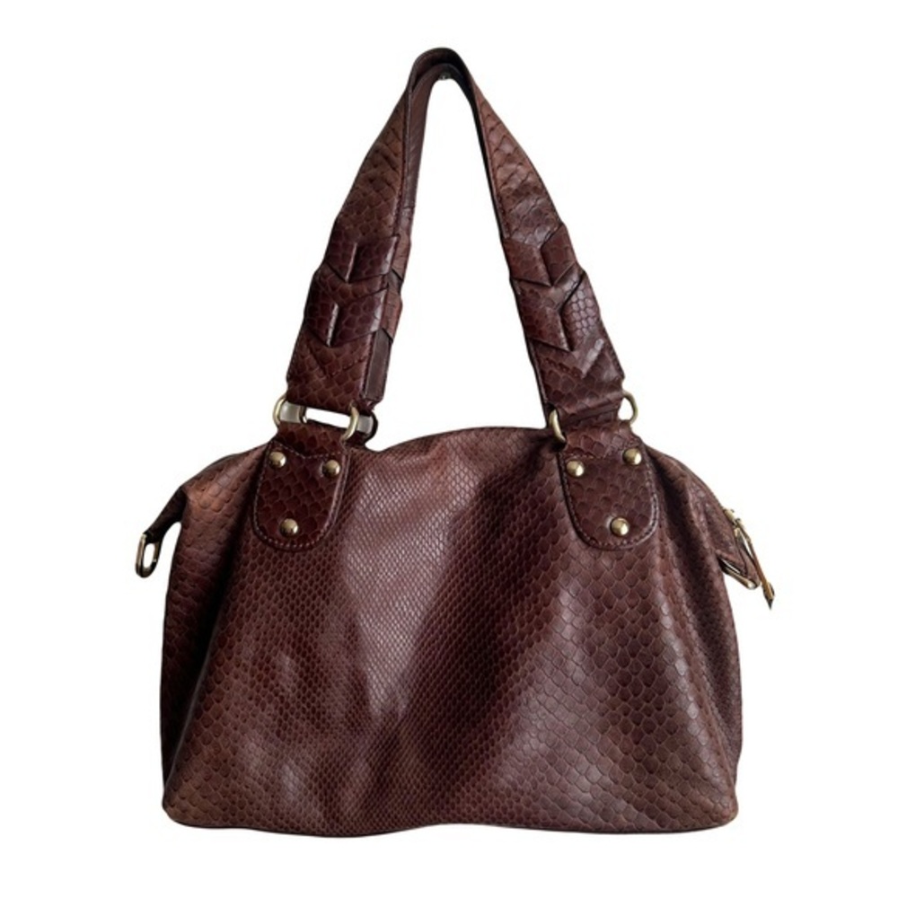 Cole Haan‎ Archer Satchel Brown Leather Crosby Snakeskin Print NWOT